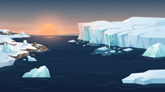 Melting Polar Ice Caused by Global Warming, shrinking glacier and rising ocean levels illustrated in clean modern flat vector design
