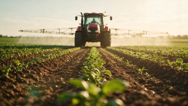 Agricultural Tractor Spraying Fertilizer on Green Crop Field During Golden Hour Sunset