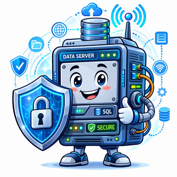 Secure Data Server with Shield and Lock Representing Cybersecurity and Network Protection
