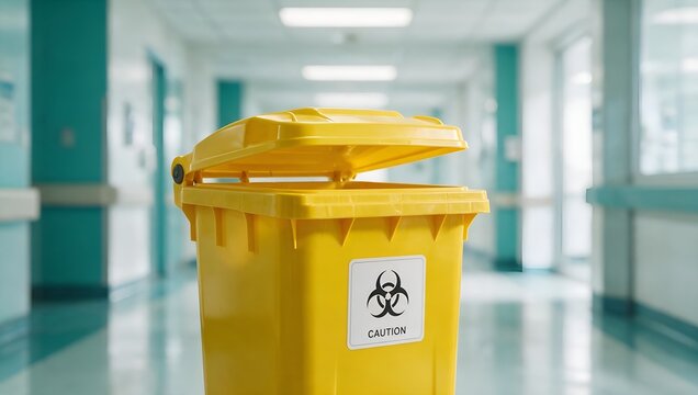 Yellow Biohazard Waste Container Placed in a Clean Hospital Hallway for Safe Disposal