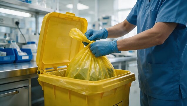 Medical Professional Disposing of Infectious Waste in a Specialized Yellow Bin Container