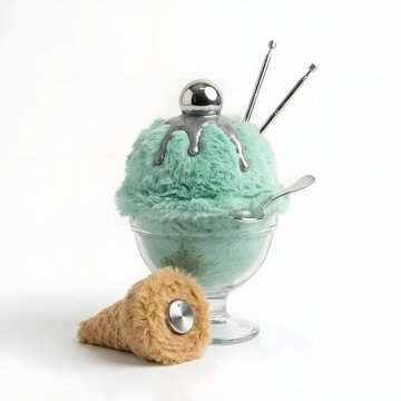 Surreal Fluffy Turquoise Ice Cream Sundae with Furry Waffle Cone, Artistic Still Life