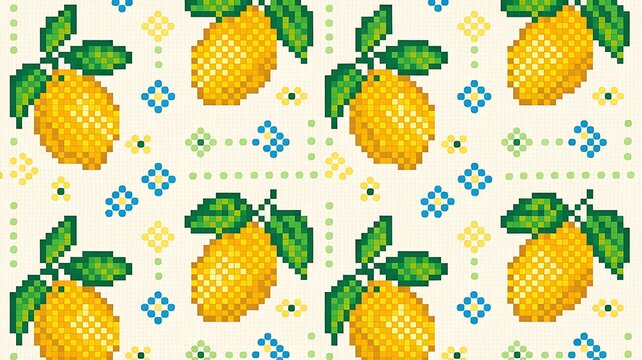 Cross Stitch Lemon Vector Seamless Pattern for Kitchen Textile Design 