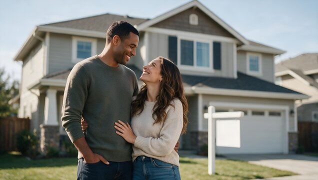 Happy Young Couple Standing in Front of Their New Family Home During a Bright Sunny Afternoon