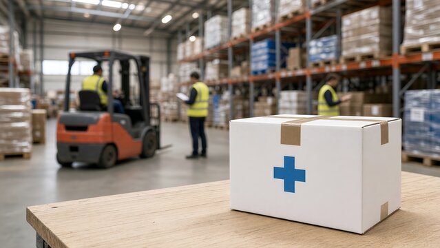 Medical Supply Box Placed on a Work Table Inside a Busy Warehouse with Personnel and Forklift