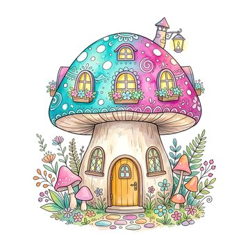 Isolated on pure white background, a collection of whimsical watercolor mushroom houses, bright glowing windows, colorful caps with polka dots, fine ink outlines, vivid fairytale aesthetic, clean bord