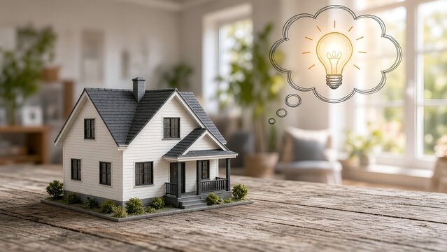 Miniature Residential Model House with Glowing Light Bulb Thought Bubble for Real Estate Innovation