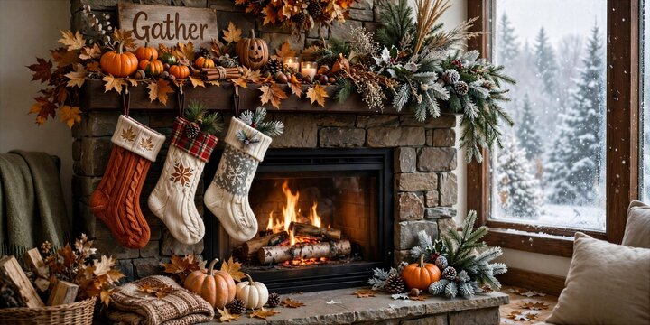 Cozy Fireplace With Autumn Pumpkins and Winter Snow Outside