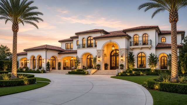 Luxurious Mediterranean Mansion Featuring a Circular Driveway and Palm Trees at Twilight