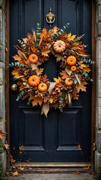 Autumn Wreath With Pumpkins on Dark Front Door