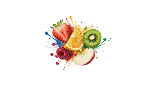 Artistic arrangement of sliced fruits including strawberry, orange, kiwi, apple, and raspberry with milk splashes on black background