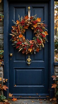Colorful Fall Wreath Hanging on Navy Blue Front Door