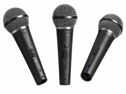 Three professional vocal microphones studio recording equipment isolated on white background for music production and performance