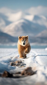 Playful polar bear cub walking on snow, mountains in background. Sunny, bright day