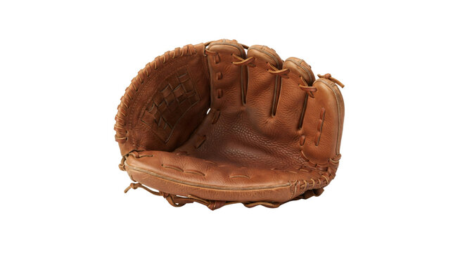 Well worn brown leather baseball glove ready for play