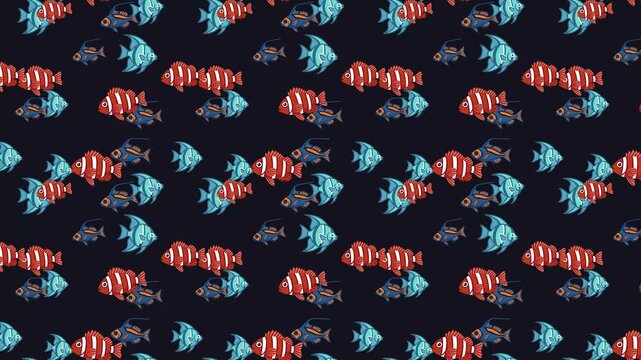 Seamless pattern featuring colorful cartoon tropical fish including clownfish and angelfish on a dark navy background, ideal for nursery decor, aquatic wallpaper, and fabric printing.