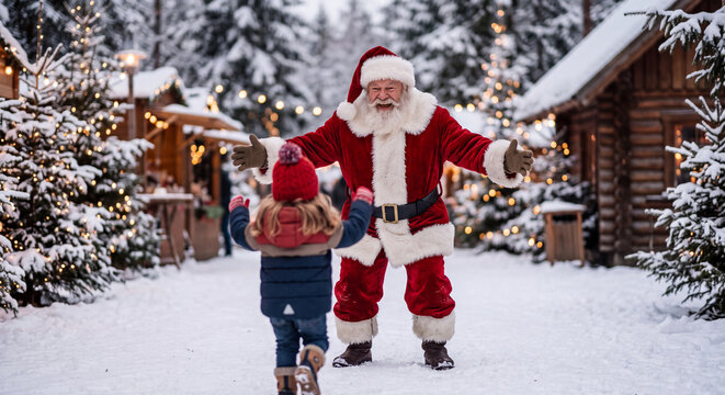 Ein Kind l&auml;uft im Schnee auf den Weihnachtsmann zu. Er breitet die Arme aus und lacht
