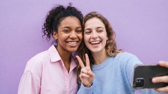 Two young women smiling and taking a selfie together on a lavender background