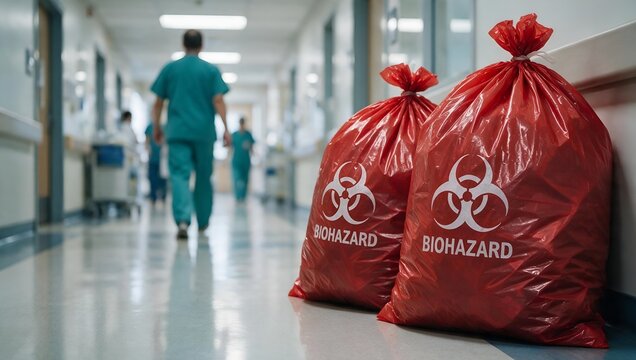 Biohazard Waste Bags Placed Inside a Hospital Corridor with Medical Staff Walking Nearby