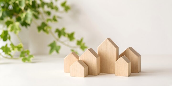 Small Wooden House Figures Arranged for Concept of Real Estate Planning and Home Ownership