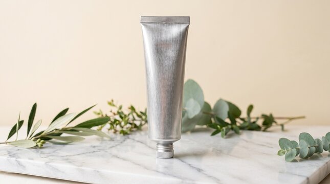 Silver cosmetic tube mockup rests on a pristine marble surface, gracefully framed by fresh botanical branches, emphasizing natural beauty and organic skincare product lines.
