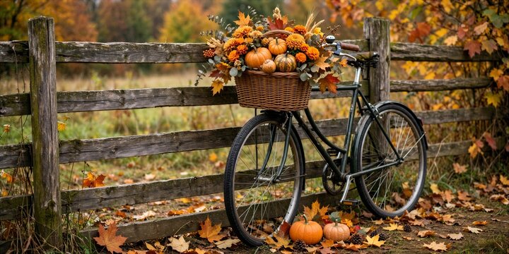 Vintage Bicycle With Basket of Pumpkins by Autumn Fence