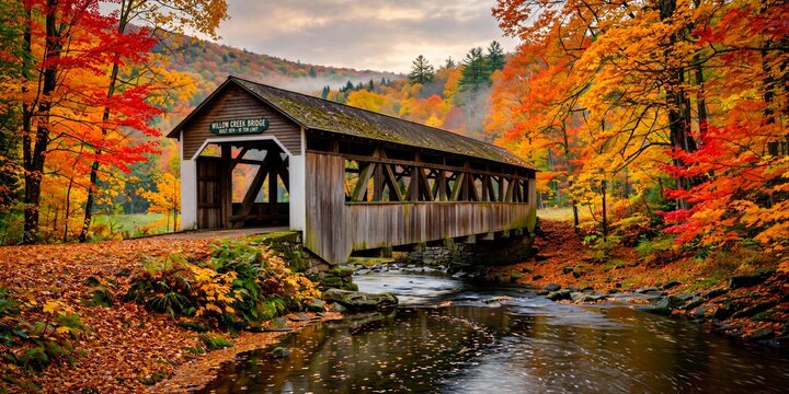 Covered Bridge Over Creek Surrounded by Autumn Foliage