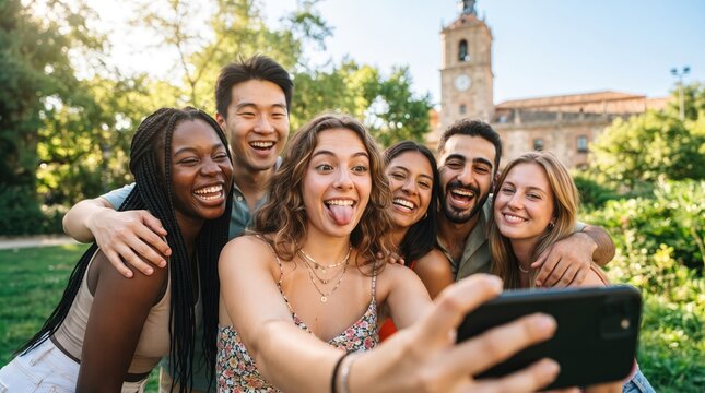 Diverse group of friends taking a selfie outdoors on a sunny day near a historic building