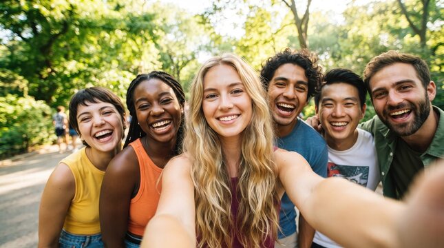 Diverse group of young friends taking a cheerful selfie outdoors in a sunny park