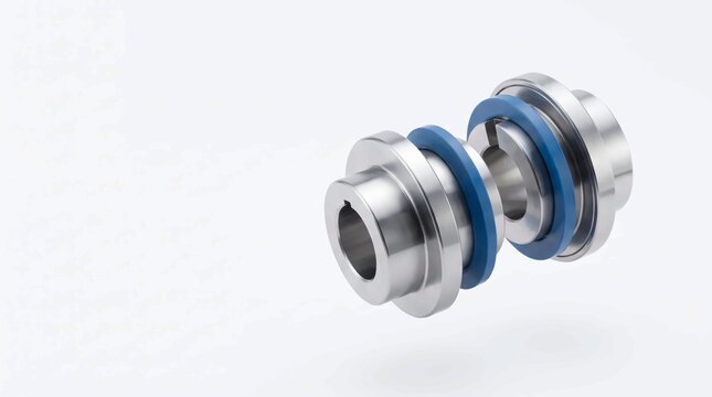 Precision engineered stainless steel mechanical coupling featuring distinctive blue rubber seals for industrial machinery applications in high performance engine systems