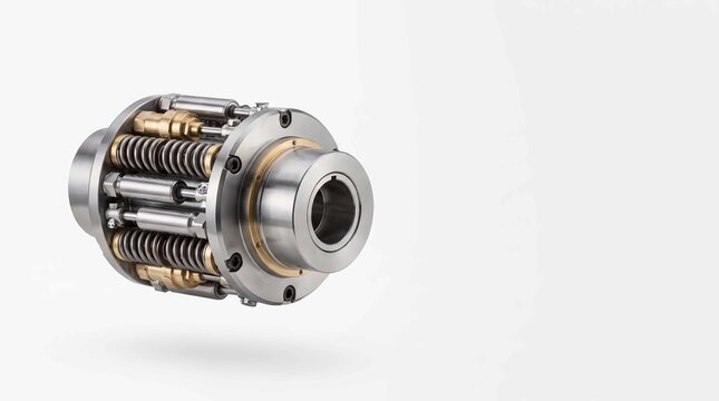 Industrial metallic shaft coupling featuring precision springs and brass components isolated on a bright white studio lit engineering background surface