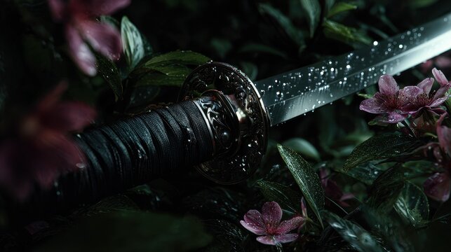 A traditional Japanese katana sword resting among dark green foliage and pink blossoms with water drops. Perfect for martial arts and historical.