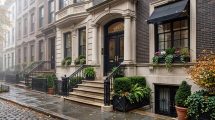 Fototapeta premium Ornate townhouse entrance with columns black doors and window planters