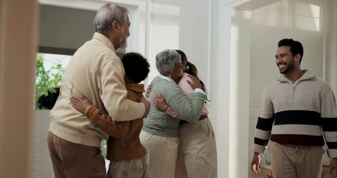 Grandparents, hug and child in home for greeting, family reunion and holiday arrival with smile. People, welcome and parents at house with generations, embrace kid and homecoming gathering for visit