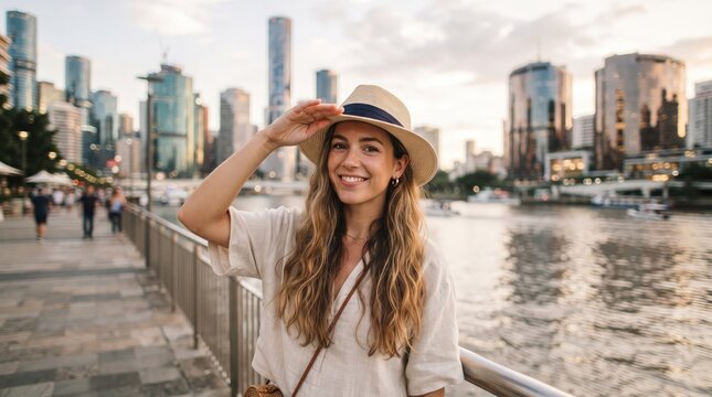 Young woman wearing hat and smiling with city skyline in the background