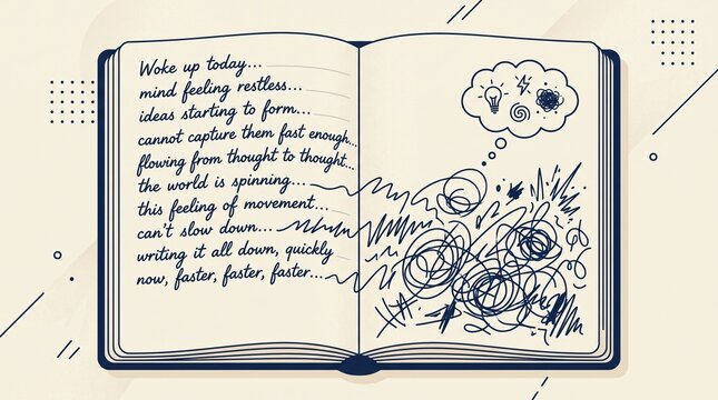 An open notebook displays handwritten thoughts and chaotic ink scribbles. Captures the mood of self-reflection and a restless mind. Ideal for mental health and journaling concepts.