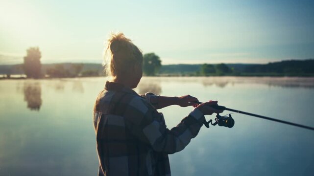 Woman casting a spinning rod while fishing on a serene lake at dawn