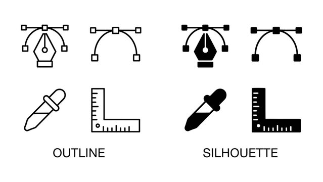 Graphic Design Tools Set: A set of icons illustrating essential graphic design tools, including a pen tool, bezier curve, eyedropper, and ruler, presented in both outline and silhouette styles.