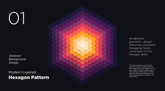 A modern abstract geometric hexagon pattern featuring layered concentric gradients from deep purple to warm orange and white on a dark background.