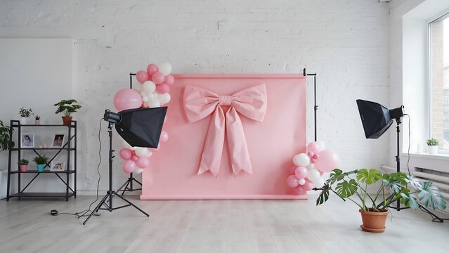 Professional photo studio with pink backdrop and lighting equipment