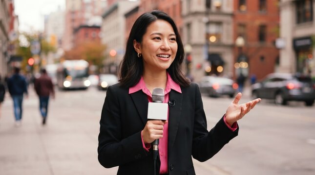 Young woman smiling and talking on the phone while walking down a city street