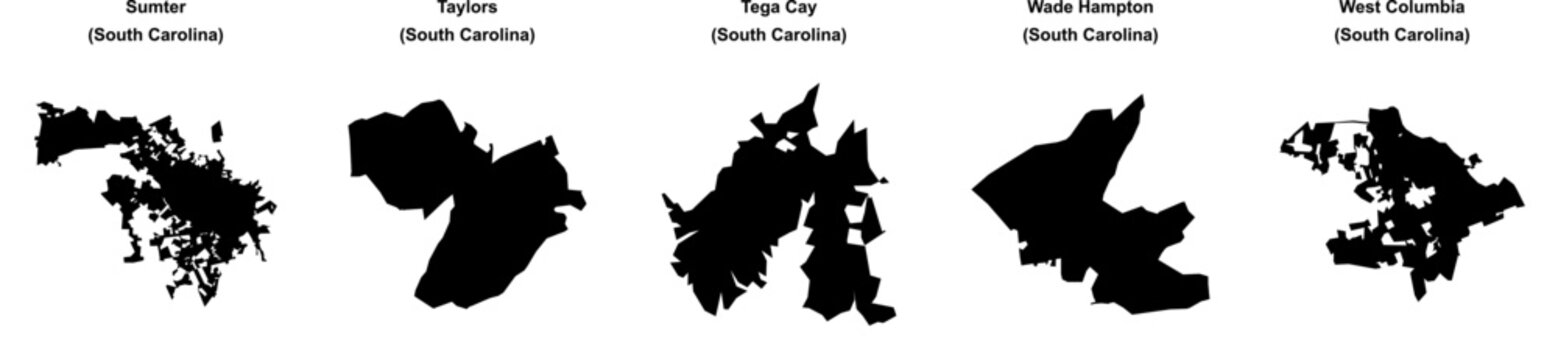 Sumter, Taylors, Tega Cay, Wade Hampton, West Columbia outline maps