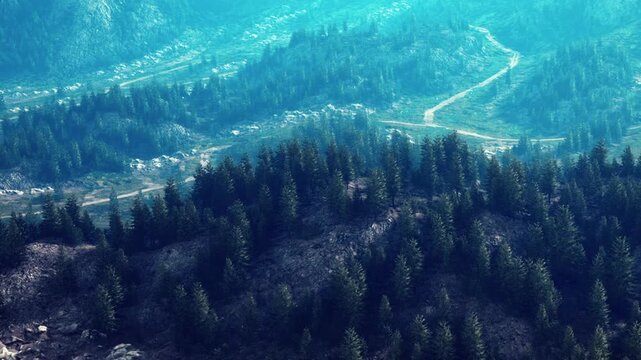 Rolling mountains covered in trees and rocky areas. A narrow path winds through the landscape. The view captures a bright day with clear skies.