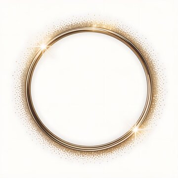 Gold circle frame with glittering stardust overlay. Thin metallic round border with light effect isolated on transparent background