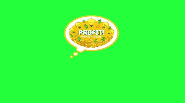 Animated thought bubble filled with gold coins light bulbs and profit