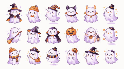 Fototapeta premium Set of cute cartoon ghosts for halloween, featuring various costumes, hats, pumpkins, and accessories on a white background