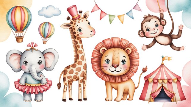 Large watercolor circus elements set with cute animals and clowns. Baby elephant, giraffe, lion, monkey, circus tent, balloons and garlands. Hand drawn kids clipart for nursery, baby shower 