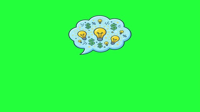Animated thought bubble with light bulbs dollar signs percentages idea