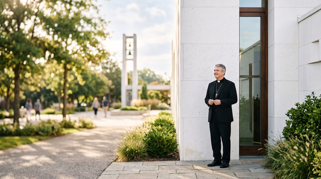 Clergyman in formal attire stands outside modern building with cross