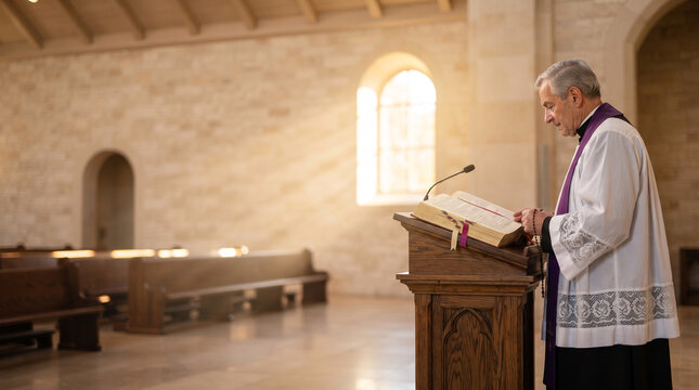Priest reading from Bible at wooden lectern in sunlit church